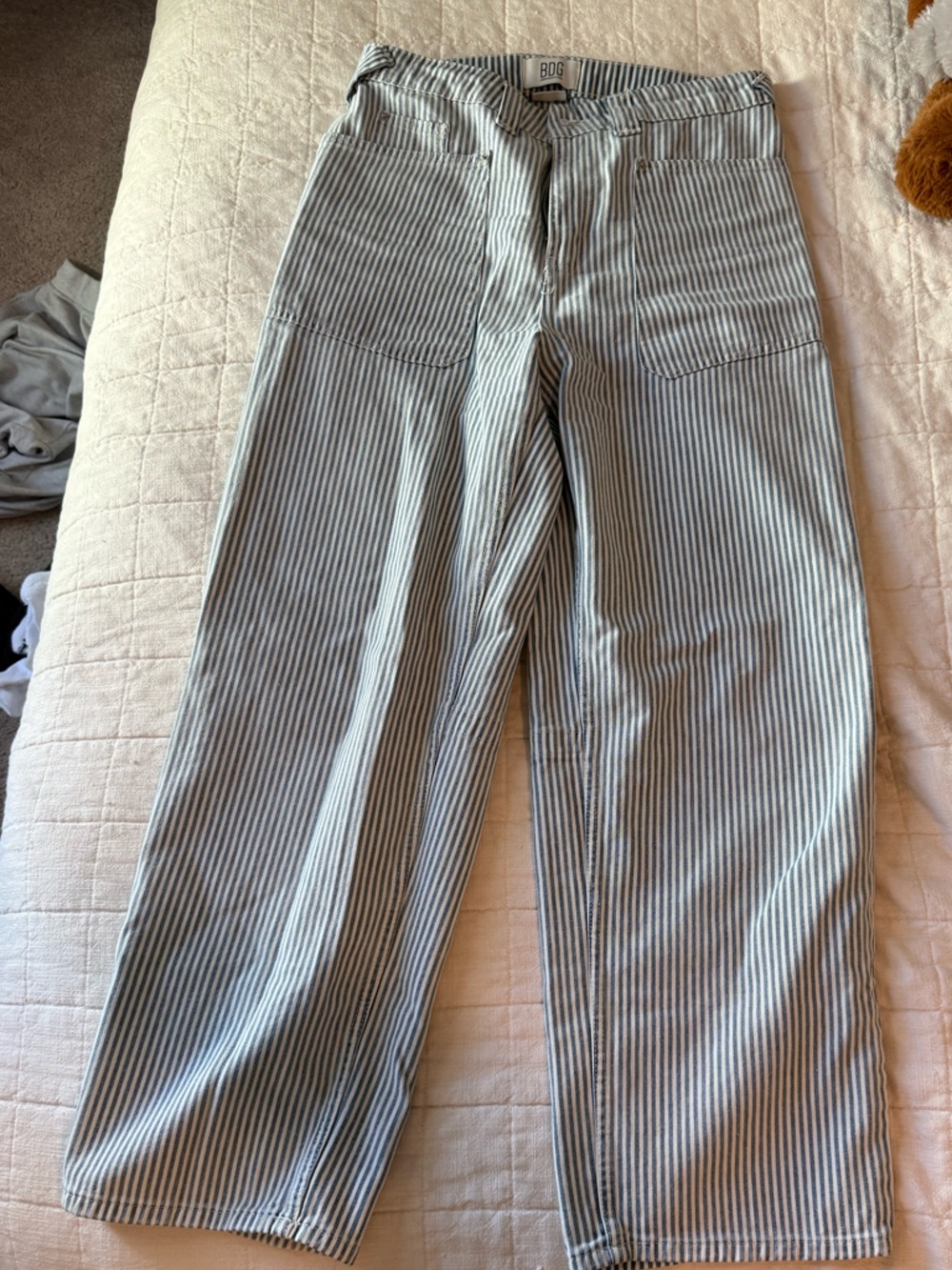 BDG Women’s Navy and White Vertical-Stripe Chinos